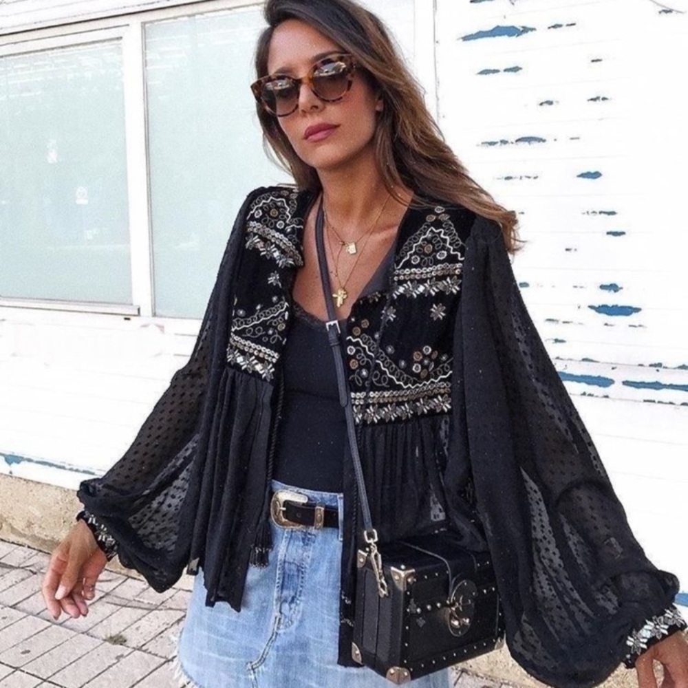 Zara- Embroidered Black Tasseled Plumetis Dotted Mesh Jacket - Like New